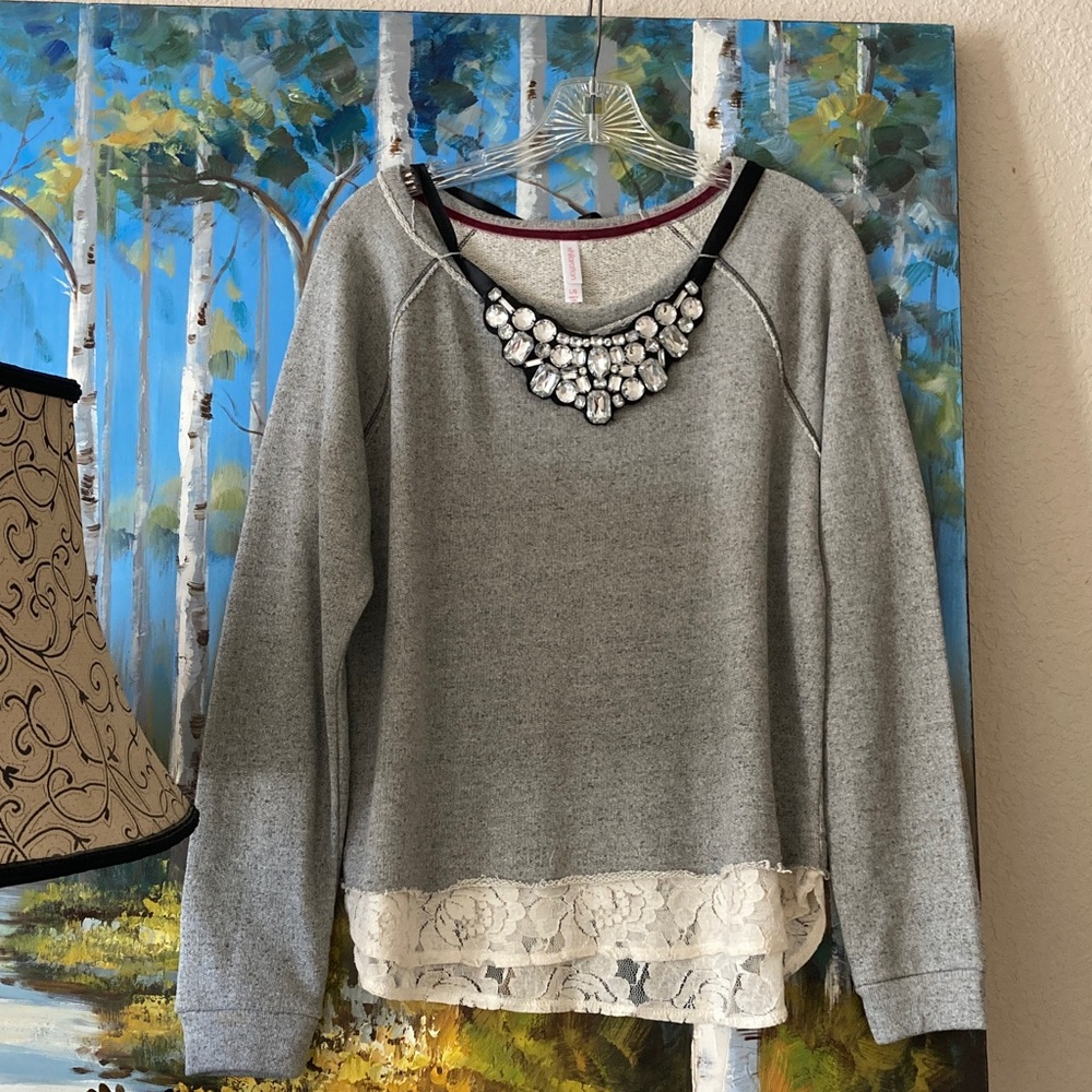 NWOT French Terry Sweater with Statement Necklace and Lace Trim